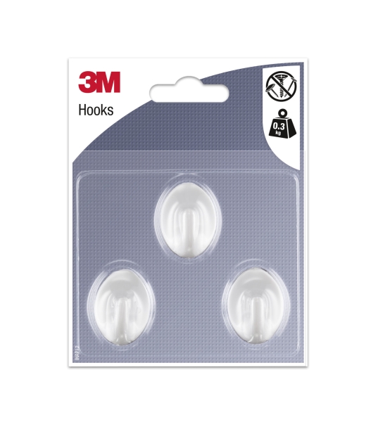 3M Pack de 3 Ganchos Adhesivos Ovalados - Formato S - Soporta hasta 0.3kg - Color Blanco