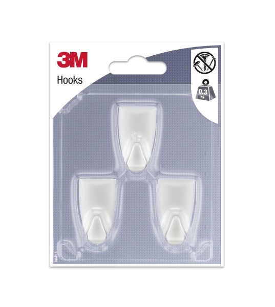 3M Pack de 3 Ganchos Adhesivos Modernos - Formato S - Soporta hasta 0.3kg - Color Blanco