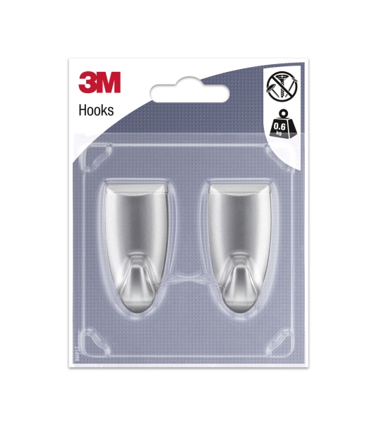 3M Pack de 2 Ganchos Adhesivos Modernos - Formato M - Soporta hasta 0.6kg - Color Gris Metalizado
