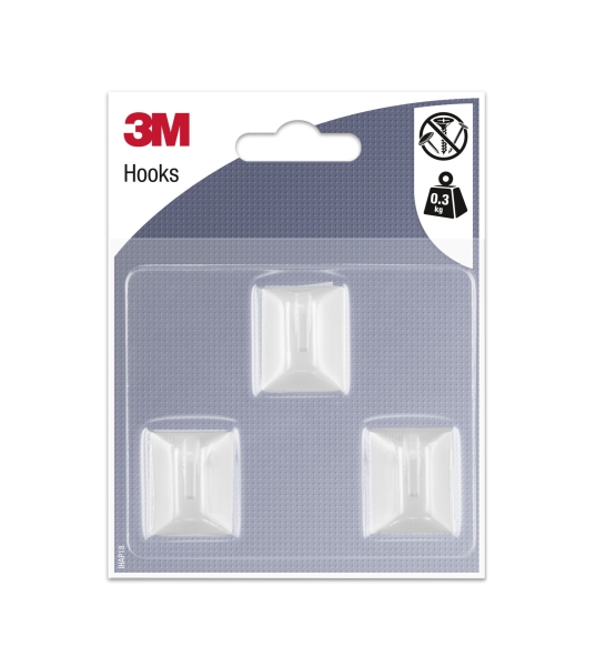 3M Pack de 3 Ganchos Adhesivos Rectangulares - Formato S - Soporta hasta 0.3kg - Color Blanco
