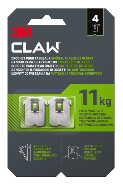 3M Claw Pack de 4 Ganchos de Metal para Paredes de Yeso - Soporta hasta 11kg - Color Gris/Titanio