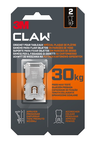 3M Claw Pack de 2 Ganchos de Metal para Paredes de Yeso - Soporta hasta 30kg - Color Gris/Titanio