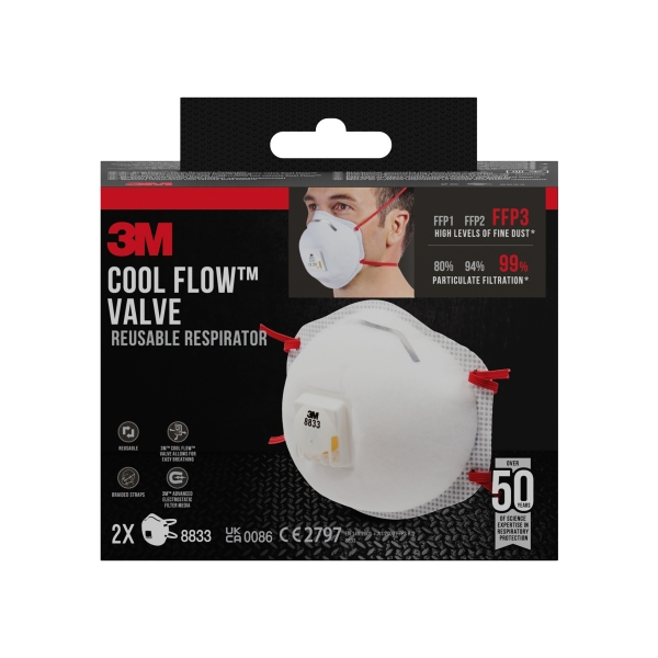 3M Cool Flow Pack de 2 Mascarillas para Particulas FFP3 - Reutilizable - con Valvula - para Altos Niveles de Particulas - Color Blanco