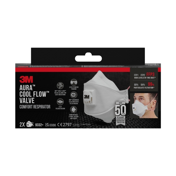3M Aura Comfort Cool Flow Pack de 2 Mascarillas para Particulas FFP3 - Desechable - con Valvula - para Altos Niveles de Particulas - Color Blanco