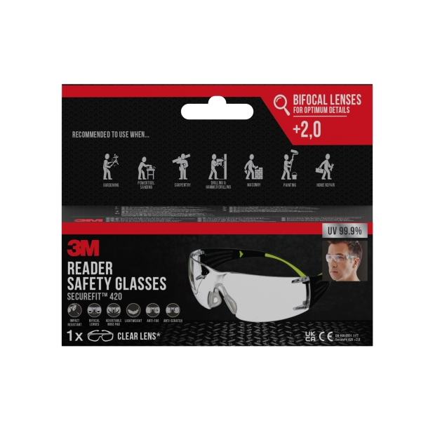 3M Securefit Gafas de Seguridad Graduadas - Bifocales - +2.0 Dioptrias - Antivaho - Antirrayaduras - Lente Incolora - Proteccion UV - Color Transparente