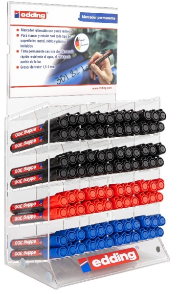 Edding 300 Expositor de 96 Rotuladores Permanentes - Punta Redonda - Trazo entre 1.5 y 3mm - Tinta Casi Inodora - Capuchon con Clip - Secado Rapido - Colores Negro, Azul y Rojo