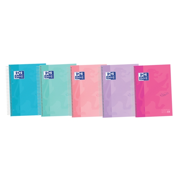 Oxford School Touch A5+ Europeanbook Libreta Espiral 120 Hojas Cuadricula 5x5 con Bandas de Color - Tapa Extradura con Tacto Suave - Colores Pastel Surtidos