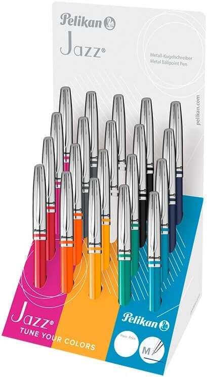 Pelikan Expositor de 20 Boligrafos Jazz \"Classic Collection\" - Diseño Clasico y Elegante - Tinta de Alta Calidad - Punta Fina de 0.7mm