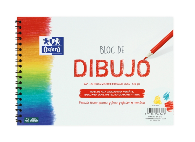 Oxford Dibujo Escolar Bloc Espiral Dibujo A5+ - Tapa Blanda/Contratapa Rigida - 20 Hojas 130gr Liso