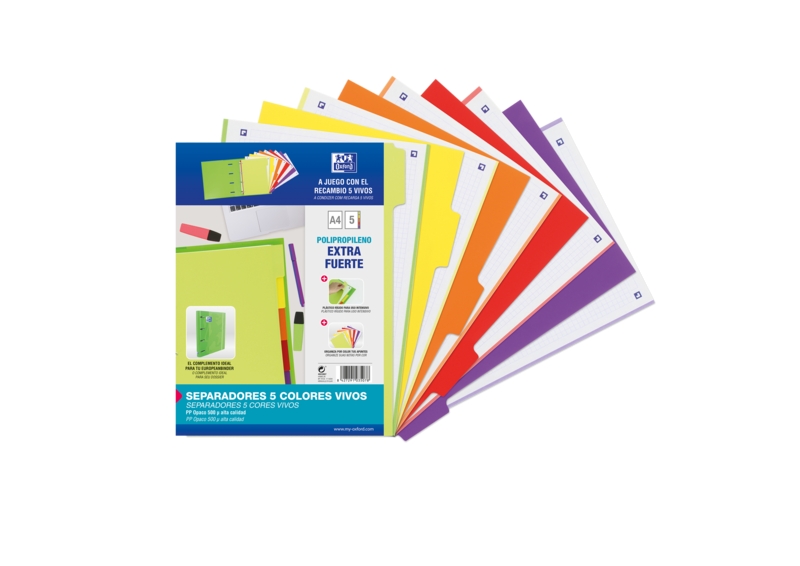 Oxford Strongline A4 Separadores 5 Posiciones - 4 Taladros - Plastico Opaco - 500 Micras - Colores Surtidos