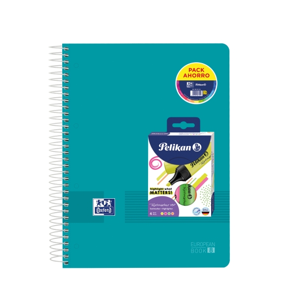 Oxford Europeanbook 8 Live & Go Pack de Cuaderno Espiral A4+ 160 Hojas Cuadricula 5x5 + 4 Marcadores Texmarker 490 Pelikan - 8 Bandas de Color - Tapa de Plastico Resistente - Colores Surtidos