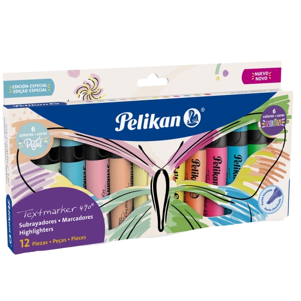 Pelikan Textmarker 490 Pack con 12 Marcadores Fluorescentes - Base de Agua - 3 Anchos de Trazo - Colores Fluor y Pastel Surtidos