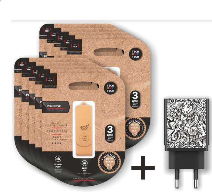 TechOneTech ecoTech Pack de 10 Memorias USB 2.0 16GB (Pendrive) - Fabricado con Paja de Trigo + 1 Cargador para Smartphone Be original surtido 2x USB-A