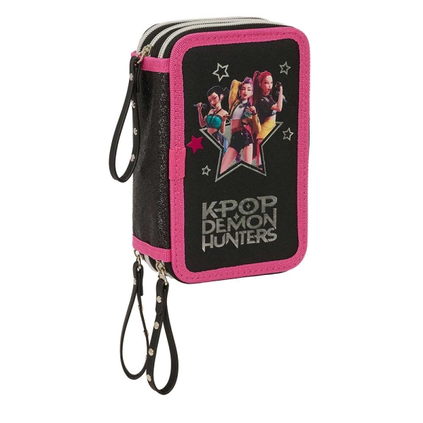 Safta K-Pop Demon Hunters Energy Plumier de 3 Pisos - 37 Piezas - Goma - Lapiz - 2 Boligrafos - Sacapuntas - 2 Reglas - 16 Colores - 14 Rotuladores - 12.5x19.5x5.5cm - Color Negro y Rosa