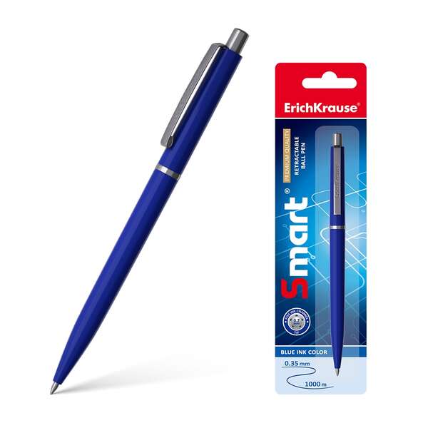 Erichkrause Smart Boligrafo Retractil con Clip Metalico - Punta de 07mm - Trazo de 0.35mm - Tinta de Secado Rapido - Color Azul