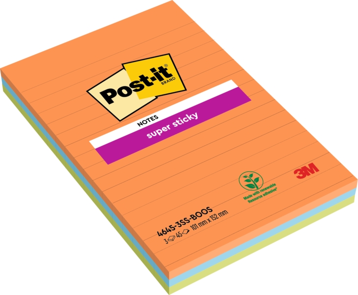 Post-It Super Sticky Pack de 3 Blocs de 45 Notas Adhesivas Reposicionables - Forma Rectangular - 101x152mm - Colores Surtidos Post-It Super Sticky Pack de 3 Blocs de 45 Notas Adhesivas Reposicionables - Forma Rectangular - 101x152mm - Colores Surtidos