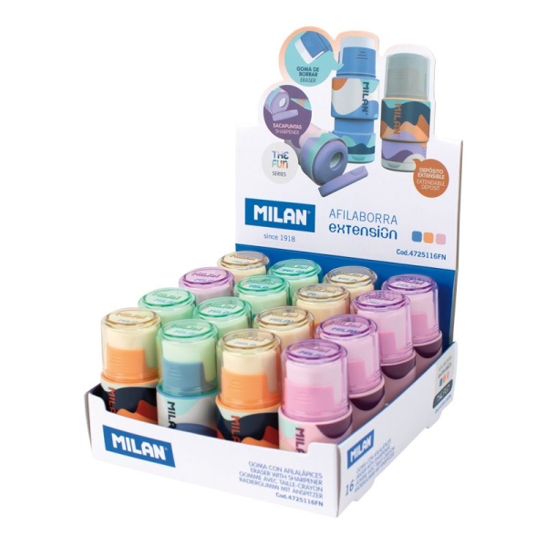 Milan Extension The Fun Expositor de 16 Afilaborras Extension con Goma de Borrar - Sacapuntas Con Deposito y Cuchilla de Seguridad - Colores Surtidos
