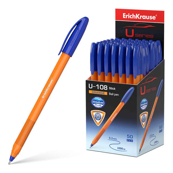 Erichkrause U-108 Boligrafo Clasico Orange - Punta de Bola 0.7mm - Trazo de 0.26mm - Tapa Ventilada - Cuerpo Opaco Naranja - Ultra Glide Technology - Color Azul