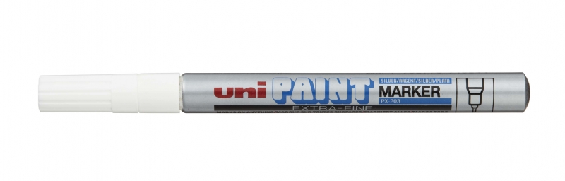 Uni-ball PX-203 Marcador de Pintura - Punta Acrilica 1mm - Linea Fina - Cuerpo de Aluminio - Tinta Permanente Resistente a Luz y Agua - Color Plata