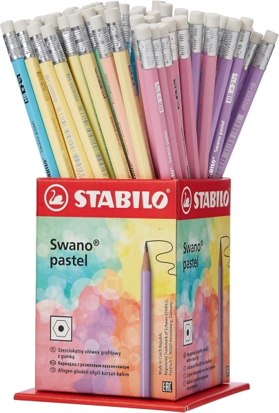 Stabilo Swano Pastel Expositor con 72 Lapices de Grafito HB de 2.2mm con Goma - Mina Antirrotura - Forma Hexagonal - Colores Pastel