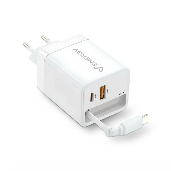 Energy Sistem Retractable Charger Cargador GaN 20W - 1x USB-C PD, 1xUSB-A + Cable USB-C 60cm Retractil - Carga Inteligente y Rapida - Control de Temperatura y Sobretension - Color Blanco Energy Sistem Retractable Charger Cargador GaN 20W - 1x USB-C PD, 1xUSB-A + Cable USB-C 60cm Retractil - Carga Inteligente y Rapida - Control de Temperatura y Sobretension - Color Blanco