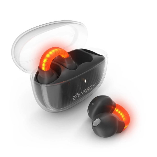 Energy Sistem LightPods Auriculares True Wireless - Bluetooth 5.4 - Sistema Safety Lights - Hasta 25h Autonomia - Tecnologia Open Sound - Microfono con Reduccion de Ruido ENC - Asistente de Voz Integrado - Diseño Curved-Fit - Color Negro