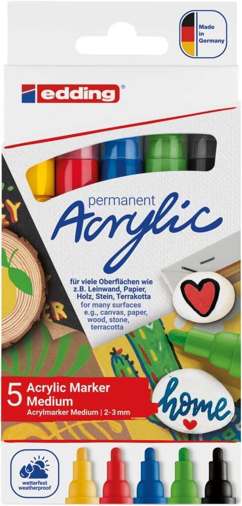 Edding 5100 Acrylic Pack de 5 Rotuladores Permanentes Acrilicos - Punta Redonda 2-3mm - Trazo Medio - Resistente a la Luz - Secado Rapido - Colores Surtidos