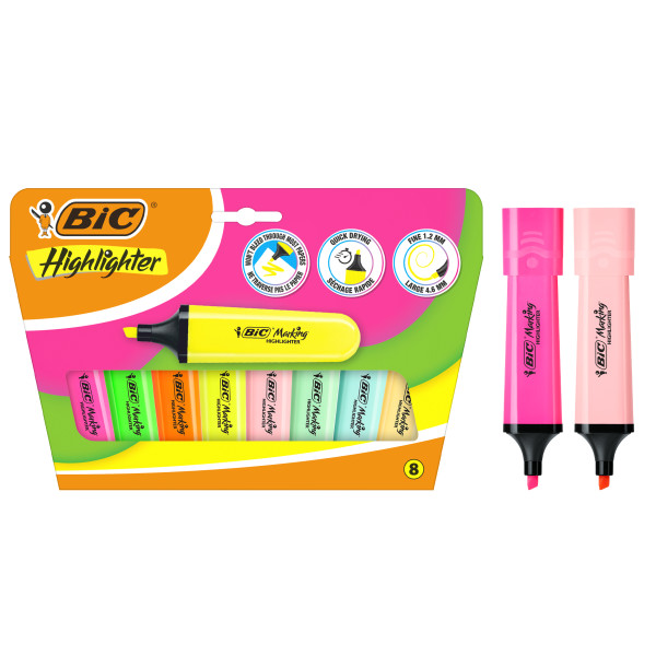 Bic Marking Highlighter Flat Pack de 8 Marcadores Fluorescentes - Punta Biselada - Trazo entre 1.20 y 4.60 mm - Tinta con Base de Agua - Color Surtidos Neon y Pastel Bic Marking Highlighter Flat Pack de 8 Marcadores Fluorescentes - Punta Biselada - Trazo entre 1.20 y 4.60 mm - Tinta con Base de Agua - Color Surtidos Neon y Pastel