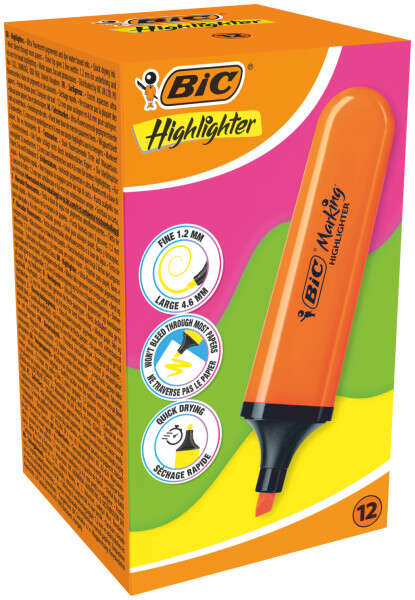Bic Marking Highlighter Flat Marcador Fluorescente - Punta Biselada - Trazo entre 1.70 y 4.80 mm - Tinta con Base de Agua - Color Naranja Bic Marking Highlighter Flat Marcador Fluorescente - Punta Biselada - Trazo entre 1.70 y 4.80 mm - Tinta con Base de Agua - Color Naranja