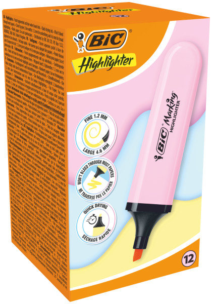 Bic Marking Highlighter Flat Marcador Fluorescente - Punta Biselada - Trazo entre 1.20 y 4.60 mm - Tinta con Base de Agua - Color Rosa Pastel
