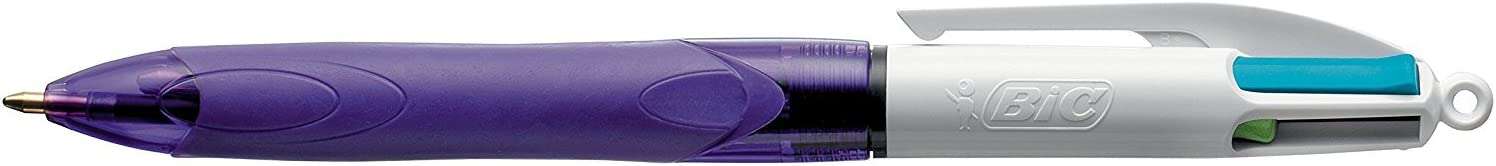 Bic 4 Colours Grip Fashion Boligrafo Retractil con Grip - Punta Media de 1mm - Trazo de 0.4mm - Tinta con Base de Aceite - Cuerpo Blanco/Morado Transparente - Colores Tinta Violeta, Rosa, Azul y Verde