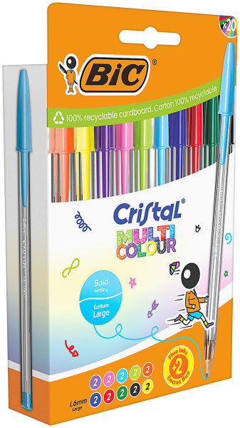 Bic Cristal Multicolour Pack de 20 Boligrafos de Bola - Punta 1.6mm - Trazo 0.42mm - Tinta con Base de Aceite - Colores Surtidos