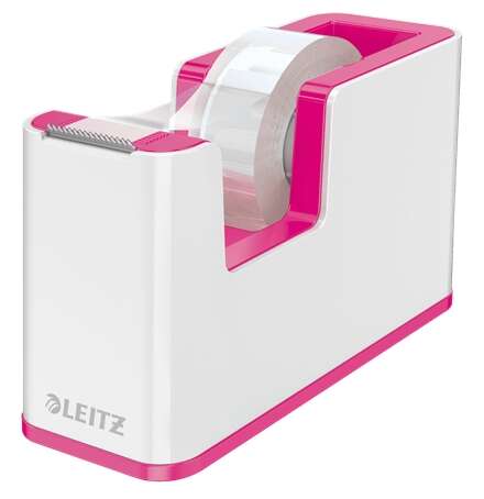 Leitz WOW Dispensador de Cinta Adhesiva - Para Rollos de hasta 19mm x 33m - Incluye Cinta Autoadhesiva Escribible - Color Blanco/Rosa
