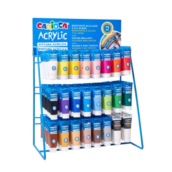 Carioca Expositor con 144 Tubos de Pintura Acrilica de 75ml - Colores Brillantes Resistentes a la Luz - Colores Surtidos Carioca Expositor con 144 Tubos de Pintura Acrilica de 75ml - Colores Brillantes Resistentes a la Luz - Colores Surtidos