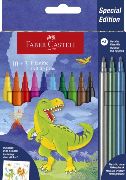 Faber-Castell Edicion Dinosaurios Pack de 13 Rotuladores de Colores - 10 Colores Clasicos + 3 Colores Metalizados - Incluye Pegatinas de Dinosaurios - Tinta a Base de Agua - Colores Surtidos