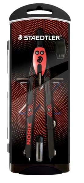 Staedtler Norix 555 Compas Metalico Escolar de Precision - Mecanismo Pulsador y Ajuste por Rueda Central - Color Rojo/Negro