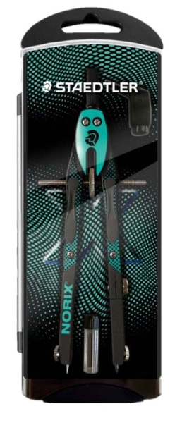 Staedtler Norix 555 Compas Metalico Escolar de Precision - Mecanismo Pulsador y Ajuste por Rueda Central - Color Verde/Negro