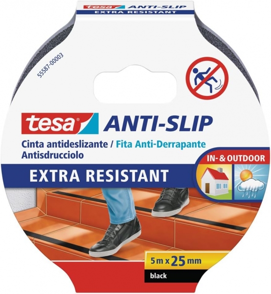 Tesa Cinta Adhesiva Antideslizante 25mm x 5m - Extremadamente Fuerte y Duradera - Adhesion muy Fuerte - Se puede Cortar a Mano - Color Negro
