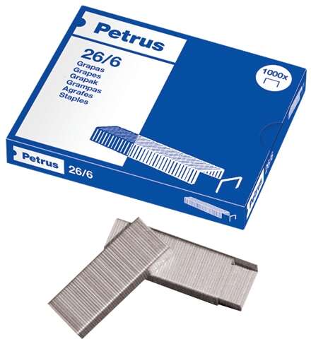 Petrus Caja de 1000 Grapas 26/6 Galvanizadas - Grapa hasta 30 Hojas - Patilla de 6mm