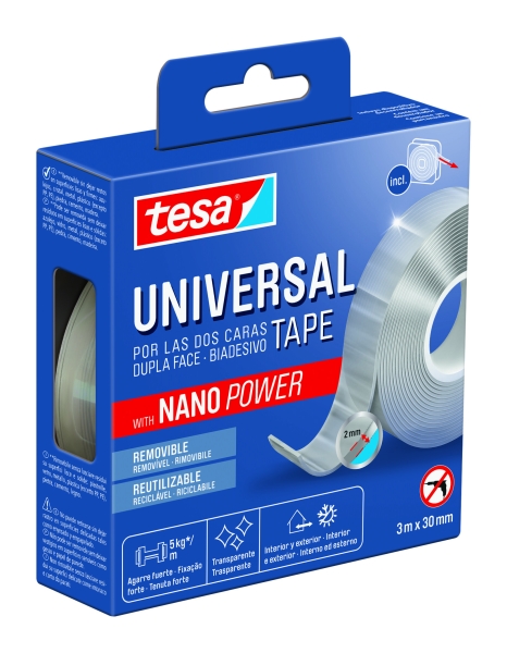 Tesa Cinta Universal de Doble Cara con Nano Power 30mm x 3 Metros - Soporta Cargas Pesadas - Puede Retirarse sin Dejar Residuos - Reutilizable - Para Interiores y Exteriores - Transparente