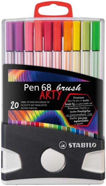 Stabilo Pen 68 Brush Arty Caja de Plastico Rigida con 30 Rotuladores - Punta de Pincel - Tinta a Base de Agua - Colores Surtidos