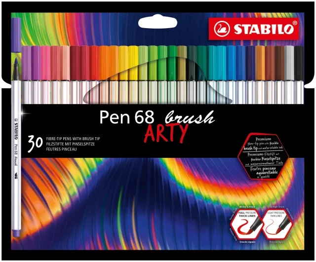 Stabilo Pen 68 Brush Arty Pack de 30 Rotuladores - Punta de Pincel - Tinta a Base de Agua - Colores Surtidos