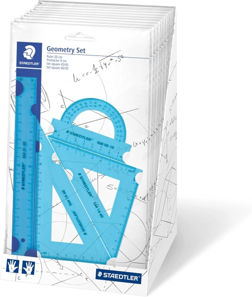 Staedtler Expositor con 18 Packs de Reglas - El Pack incluye Regla Recta 20cm, Transportador, Escuadra 60/30 Grados y Cartabon 45 Grados - Colores Neon Surtidos Staedtler Expositor con 18 Packs de Reglas - El Pack incluye Regla Recta 20cm, Transportador, Escuadra 60/30 Grados y Cartabon 45 Grados - Colores Neon Surtidos