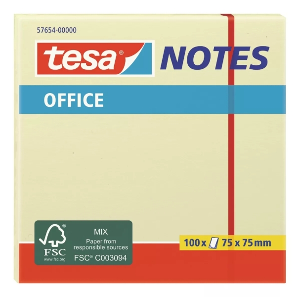 Tesa Notes Bloc de 100 Notas Adhesivas 75x75mm - Sin Disolventes - Reposicionables - Color Amarillo