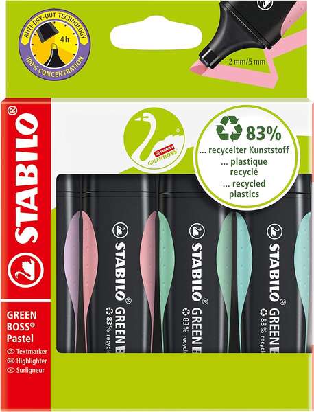 Stabilo Green Boss Pastel Pack de 4 Marcadores Fluorescentes - Fabricado con un 83% de Plastico Reciclado - Trazo entre 2 y 5mm - Recargable - Colores Surtidos Pastel