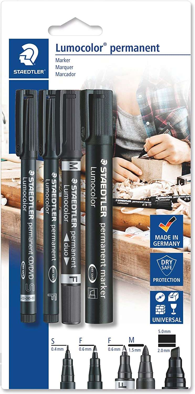 Staedtler Lumocolor Permanent Pack con 4 Rotuladores Permanentes - Diferentes Puntas - Resistente al Agua - Recargables - Color Negro