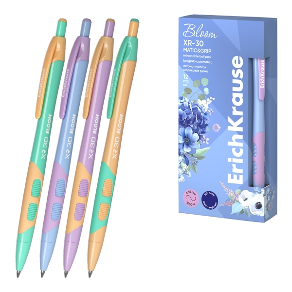 Erichkrause Bloom XR-30 Matic&Grip Pastel Boligrafo Retractil - Punta de Bola 0.7mm - Trazo de 0.35mm - Tinta Azul - Grip de Agarre - Cuerpo en Colores Pastel