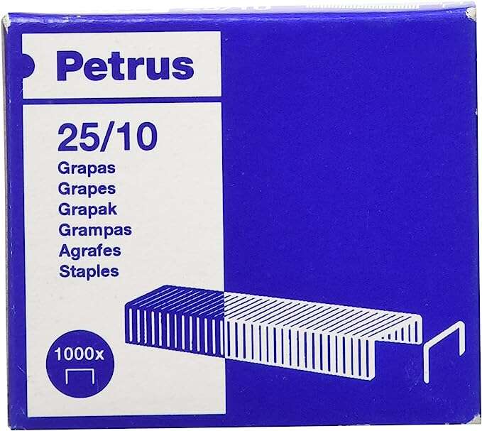 Petrus Caja de 1000 Grapas 25/10 Galvanizadas - Hasta 60 Hojas - Patilla de 10mm