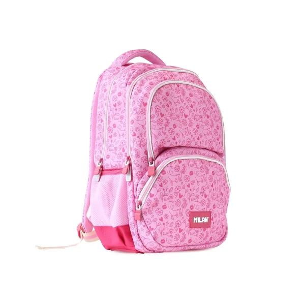 Milan Pink Flowers Mochila Escolar 25L - 3 Bolsillos Delanteros + 2 Bolsillos Laterales - Asas Regulables y Acolchadas - Tamaño 46,5x30x17cm - Color Beige/Azul Oscuro Milan Pink Flowers Mochila Escolar 25L - 3 Bolsillos Delanteros + 2 Bolsillos Laterales - Asas Regulables y Acolchadas - Tamaño 46,5x30x17cm - Color Beige/Azul Oscuro