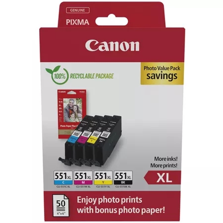 Canon CLI551XL Pack de 4 Cartuchos de Tinta Originales + 50 Hojas de Papel Fotografico - 6443B008/6443B006 Canon CLI551XL Pack de 4 Cartuchos de Tinta Originales + 50 Hojas de Papel Fotografico - 6443B008/6443B006